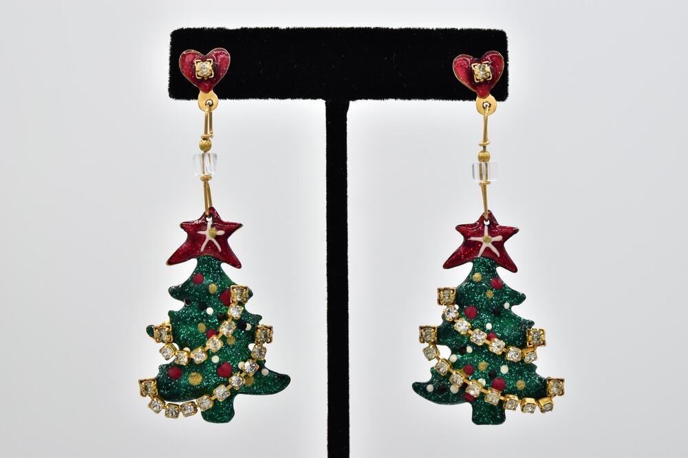 Lunch at The Ritz Vintage Christmas Tree Rhinestone Holiday Earrings 1980s BinAZ
